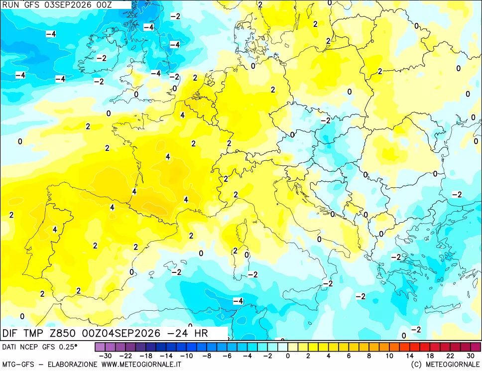mappa Dif. Temp a 850 hPa Valid - Init
