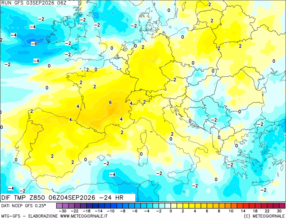 mappa Dif. Temp a 850 hPa Valid - Init