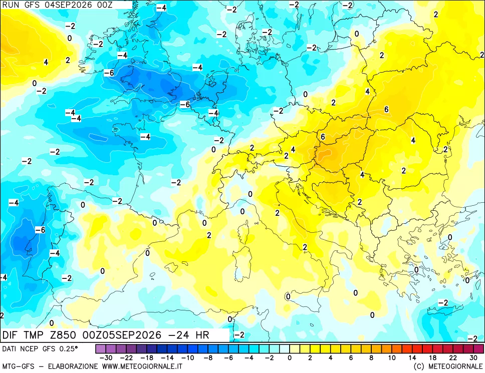 mappa Dif. Temp a 850 hPa Valid - Init