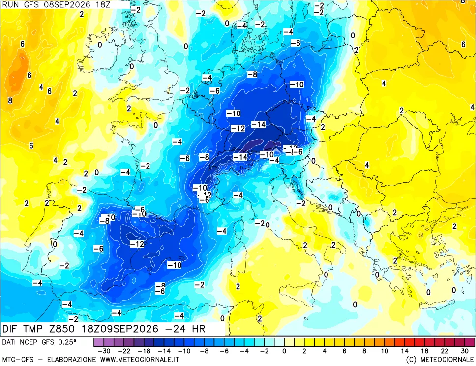 mappa Dif. Temp a 850 hPa Valid - Init