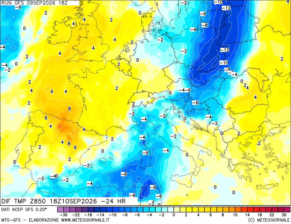 mappa Dif. Temp a 850 hPa Valid - Init