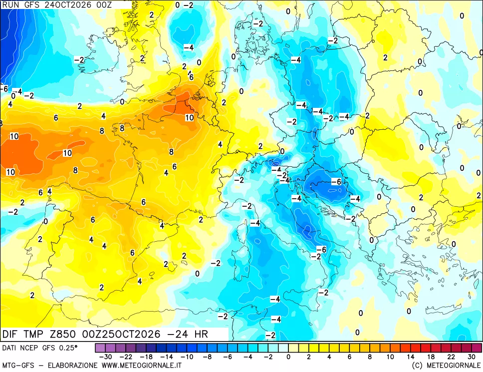 mappa Dif. Temp a 850 hPa Valid - Init