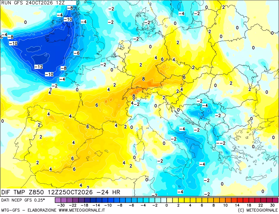 mappa Dif. Temp a 850 hPa Valid - Init