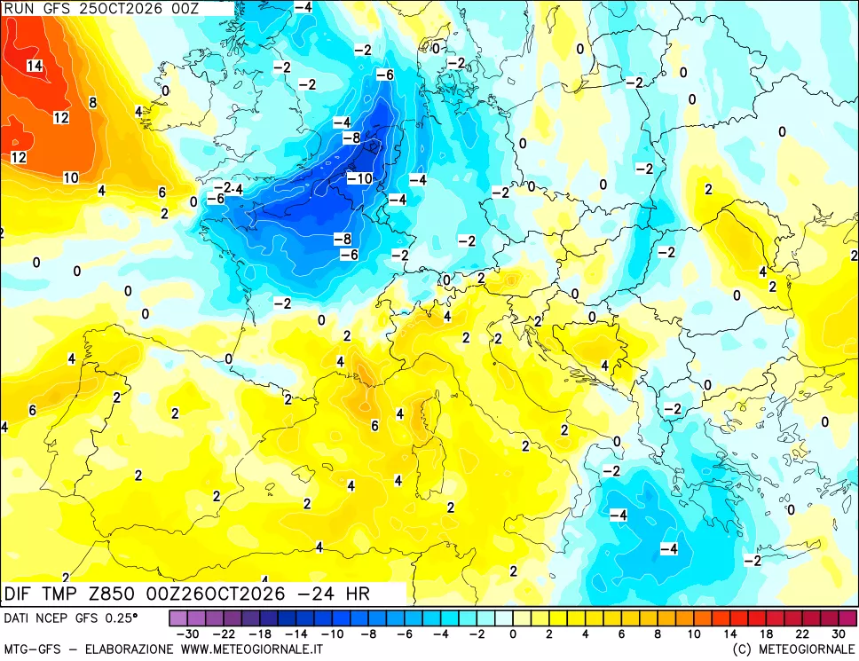 mappa Dif. Temp a 850 hPa Valid - Init