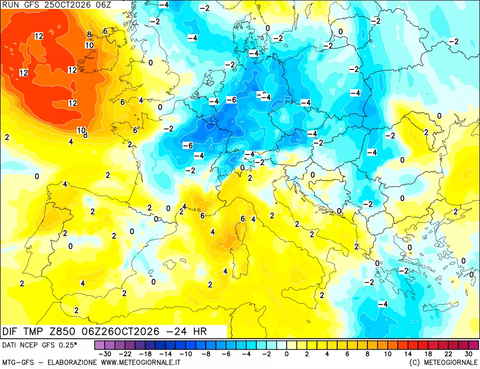 mappa Dif. Temp a 850 hPa Valid - Init