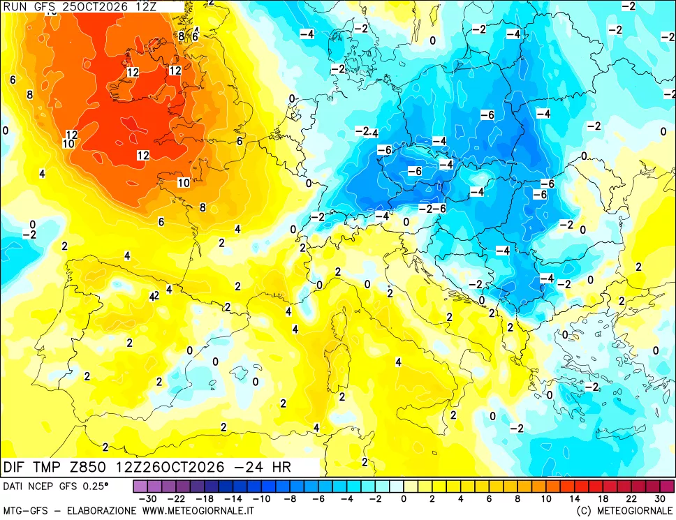 mappa Dif. Temp a 850 hPa Valid - Init
