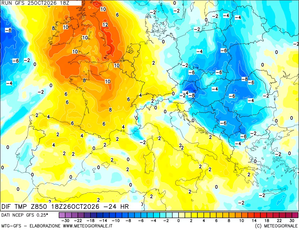 mappa Dif. Temp a 850 hPa Valid - Init