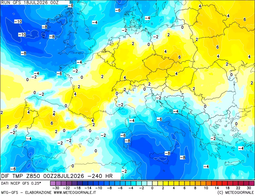 mappa Dif. Temp a 850 hPa Valid - Init