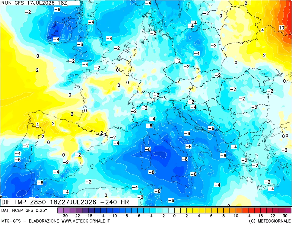 mappa Dif. Temp a 850 hPa Valid - Init