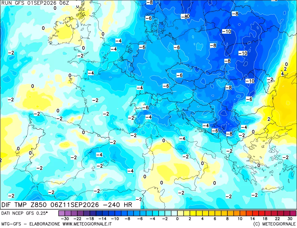 mappa Dif. Temp a 850 hPa Valid - Init