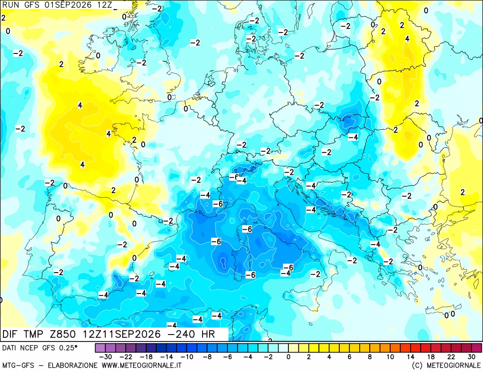 mappa Dif. Temp a 850 hPa Valid - Init