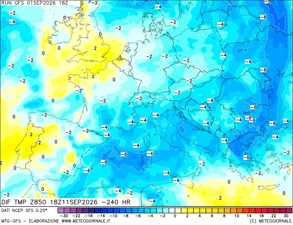 mappa Dif. Temp a 850 hPa Valid - Init