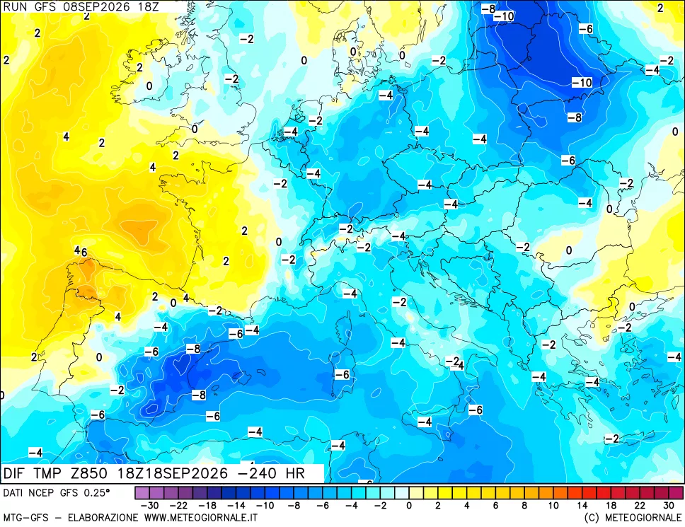 mappa Dif. Temp a 850 hPa Valid - Init