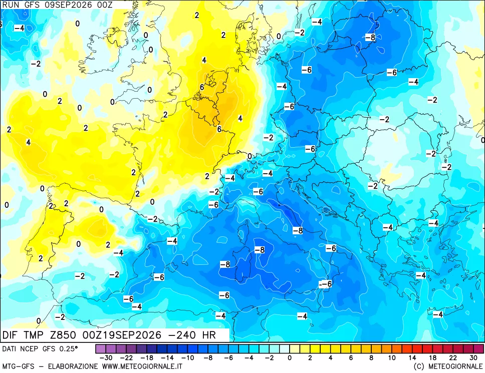 mappa Dif. Temp a 850 hPa Valid - Init