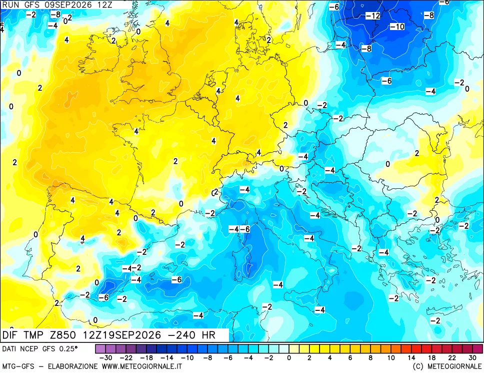 mappa Dif. Temp a 850 hPa Valid - Init
