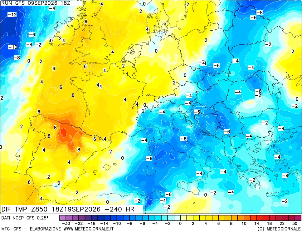 mappa Dif. Temp a 850 hPa Valid - Init