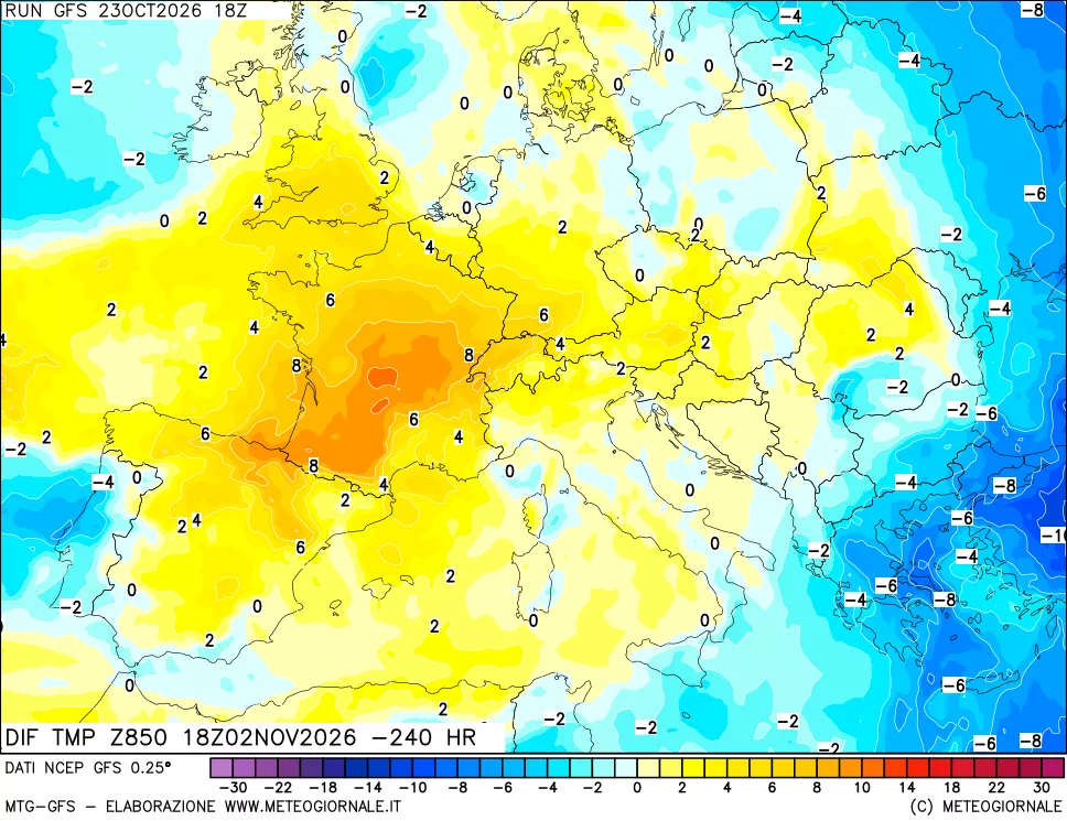 mappa Dif. Temp a 850 hPa Valid - Init