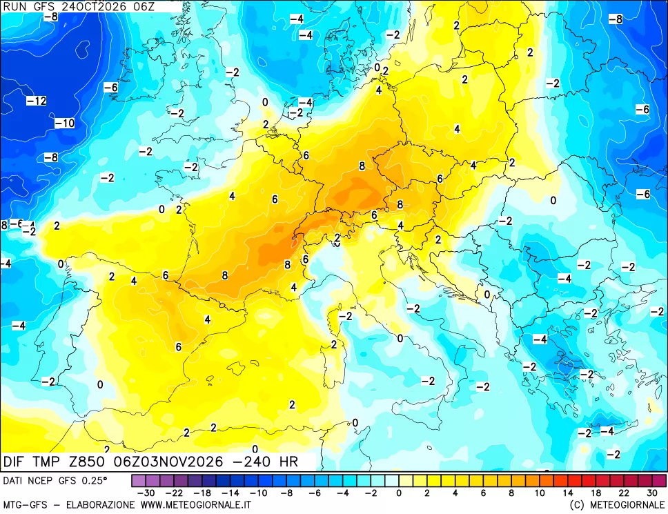mappa Dif. Temp a 850 hPa Valid - Init