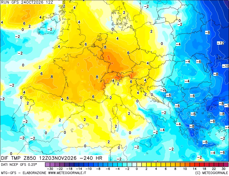 mappa Dif. Temp a 850 hPa Valid - Init
