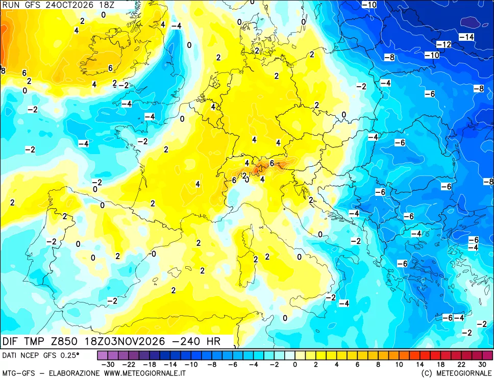 mappa Dif. Temp a 850 hPa Valid - Init