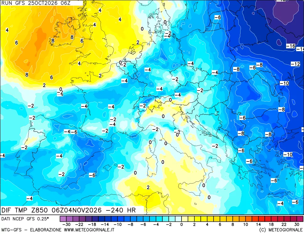 mappa Dif. Temp a 850 hPa Valid - Init