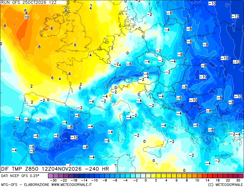 mappa Dif. Temp a 850 hPa Valid - Init