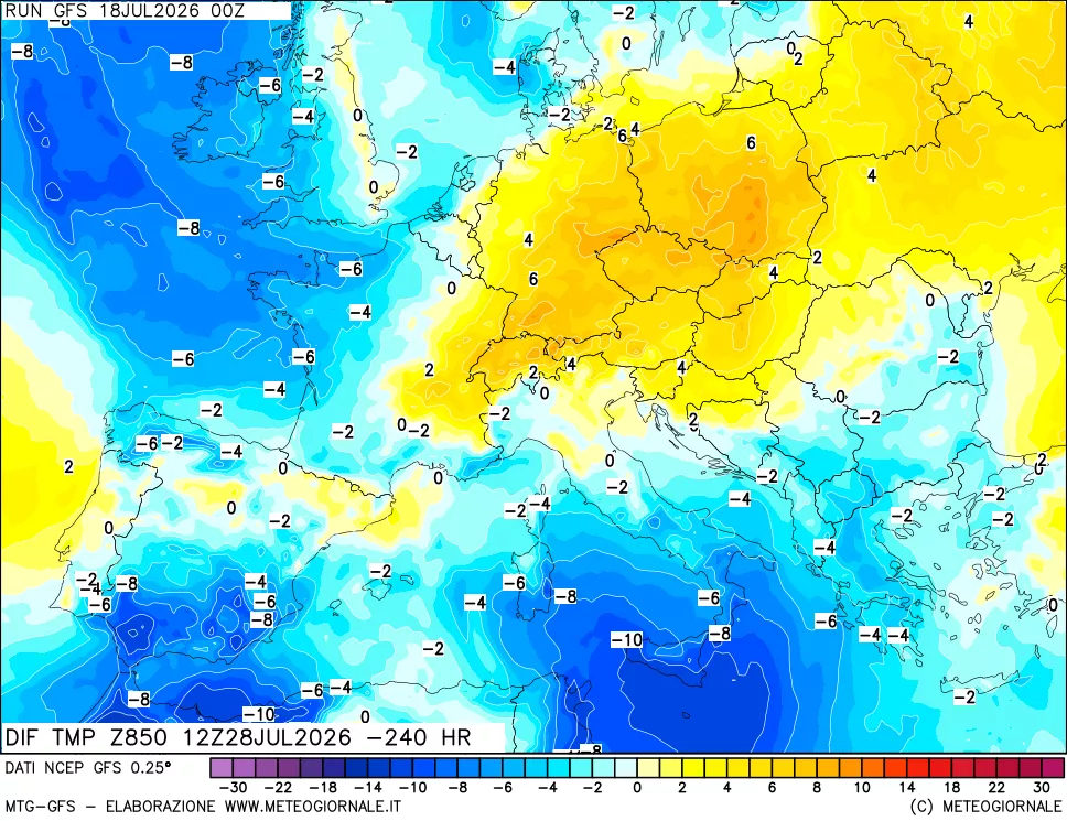 mappa Dif. Temp a 850 hPa Valid - Init