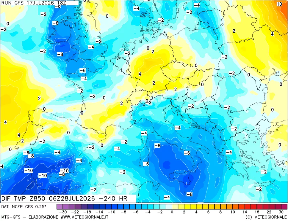 mappa Dif. Temp a 850 hPa Valid - Init