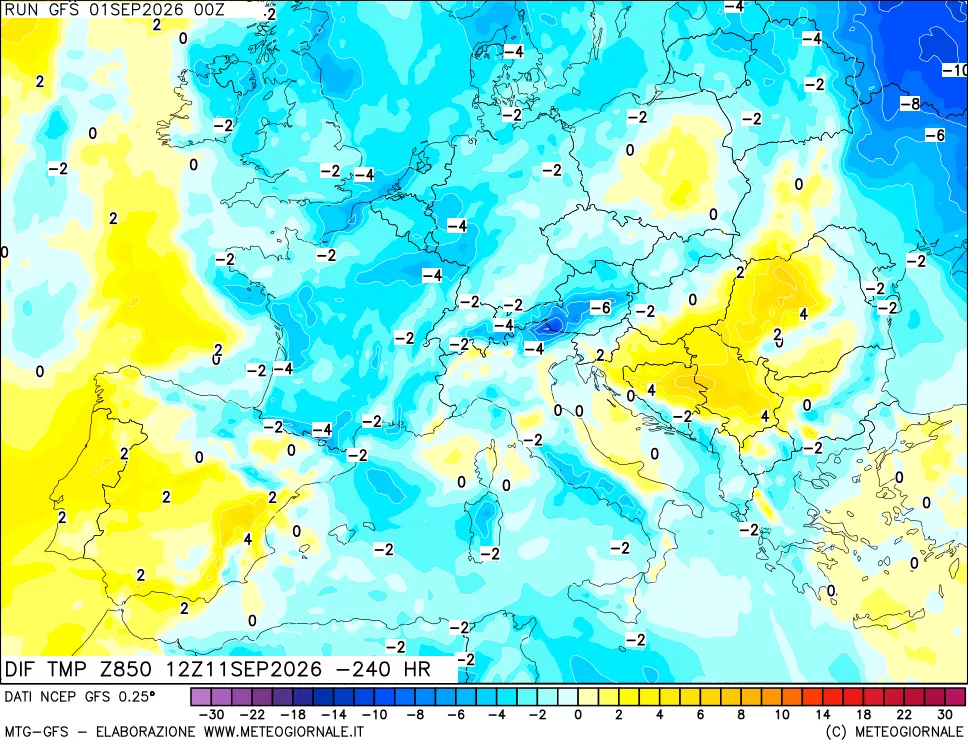mappa Dif. Temp a 850 hPa Valid - Init
