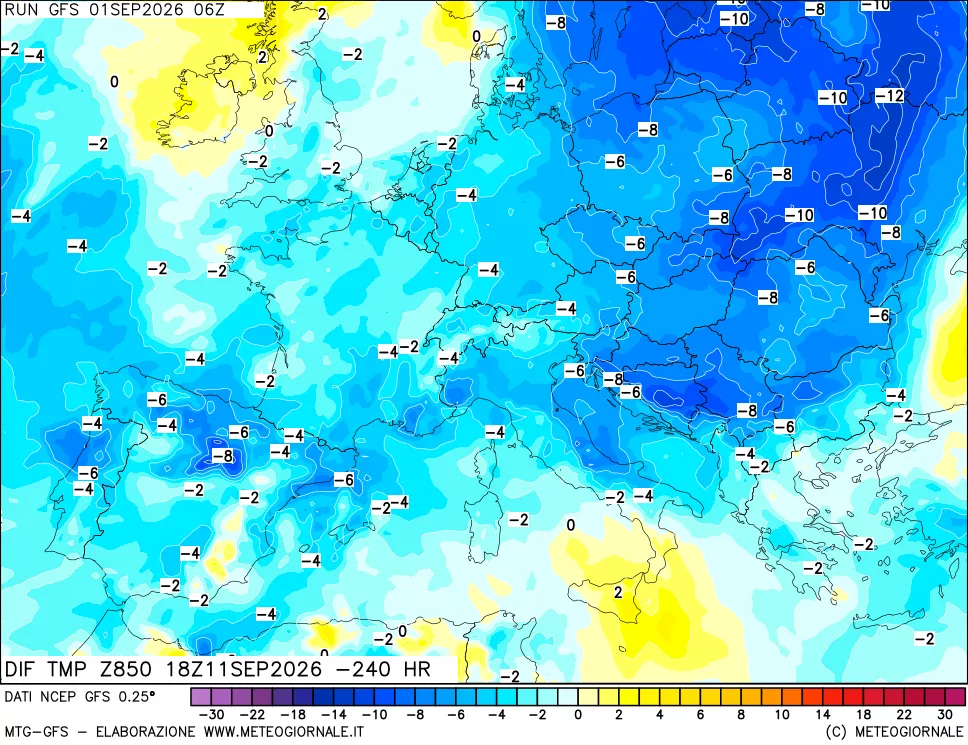 mappa Dif. Temp a 850 hPa Valid - Init