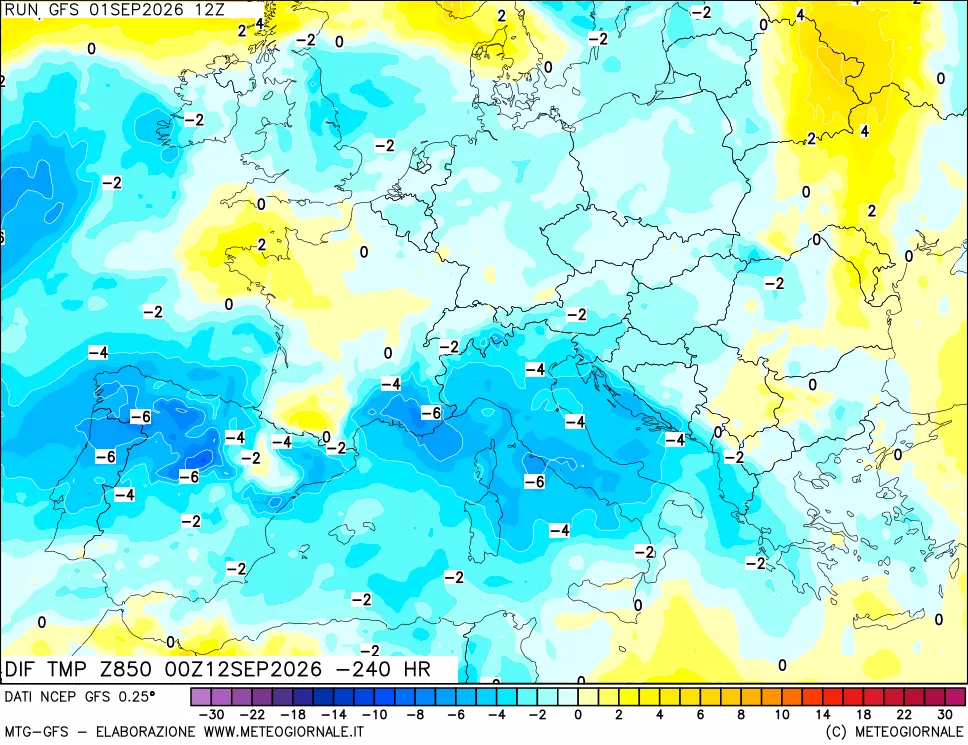 mappa Dif. Temp a 850 hPa Valid - Init