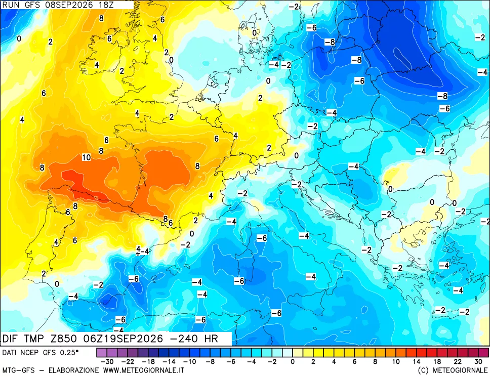 mappa Dif. Temp a 850 hPa Valid - Init