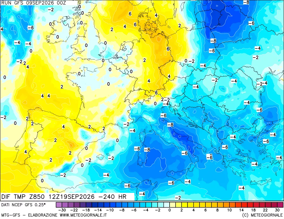 mappa Dif. Temp a 850 hPa Valid - Init