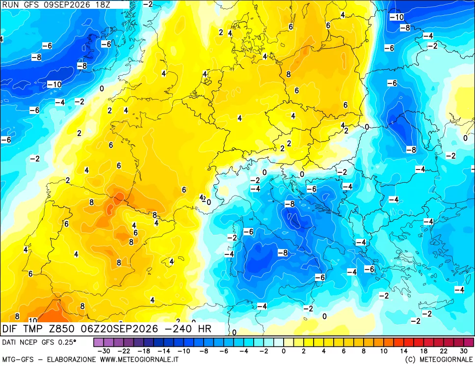 mappa Dif. Temp a 850 hPa Valid - Init