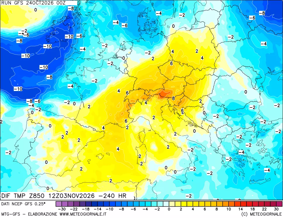 mappa Dif. Temp a 850 hPa Valid - Init