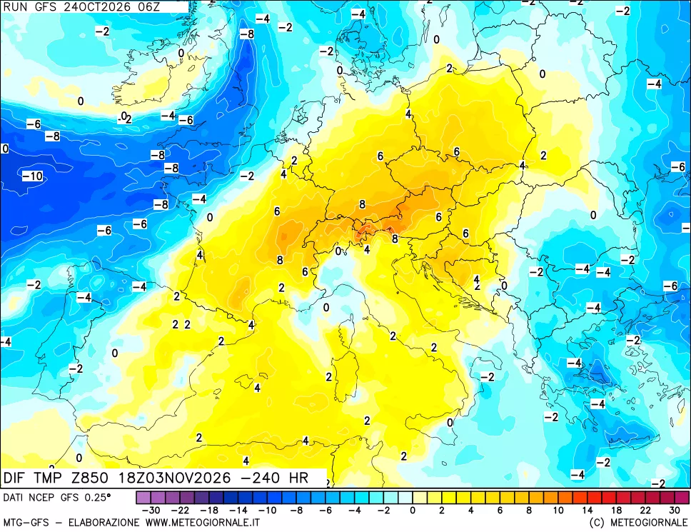 mappa Dif. Temp a 850 hPa Valid - Init