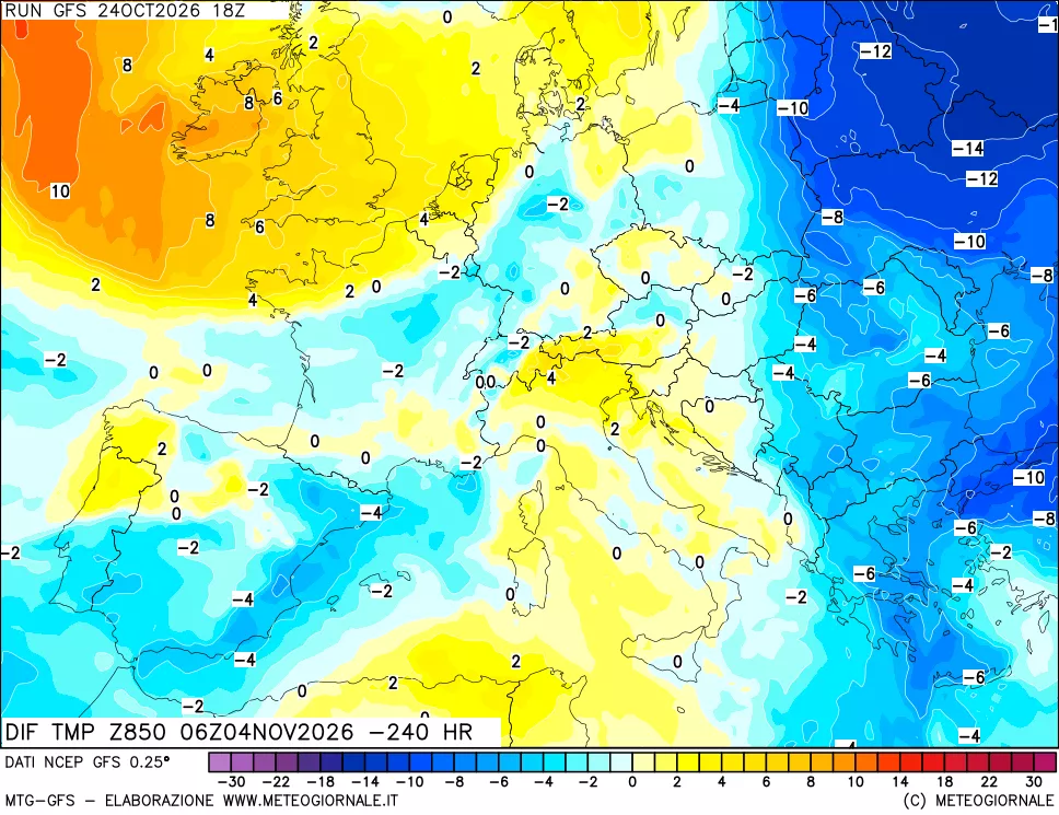 mappa Dif. Temp a 850 hPa Valid - Init