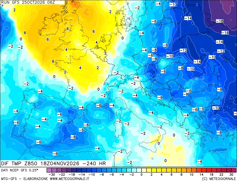 mappa Dif. Temp a 850 hPa Valid - Init