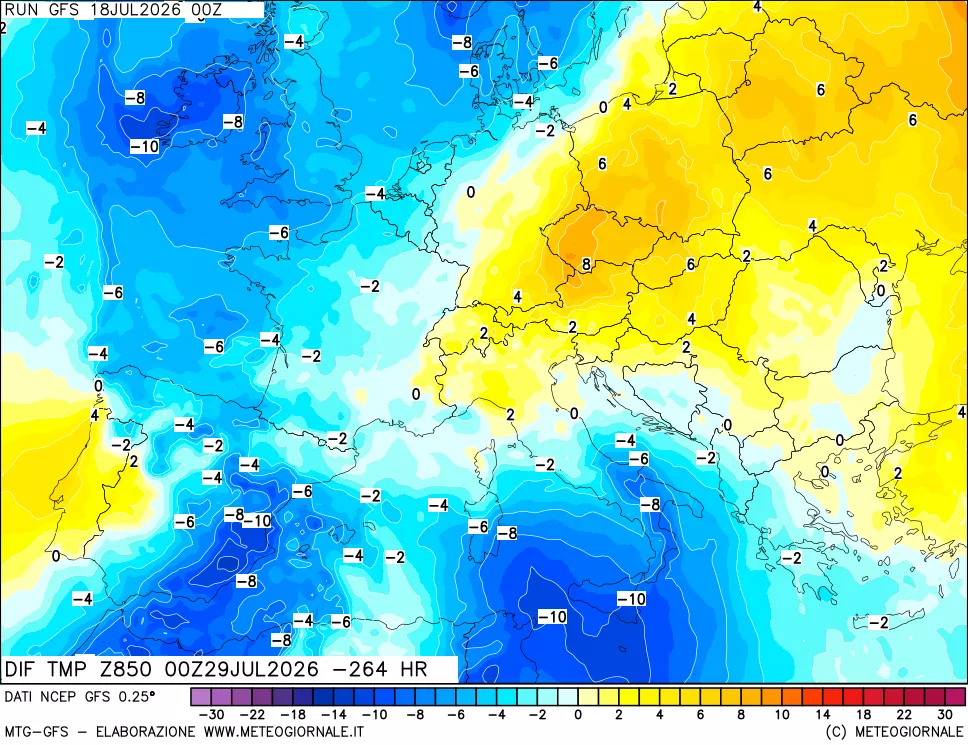 mappa Dif. Temp a 850 hPa Valid - Init