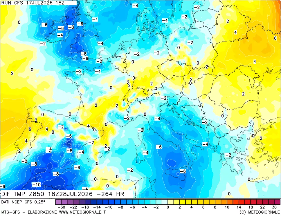 mappa Dif. Temp a 850 hPa Valid - Init