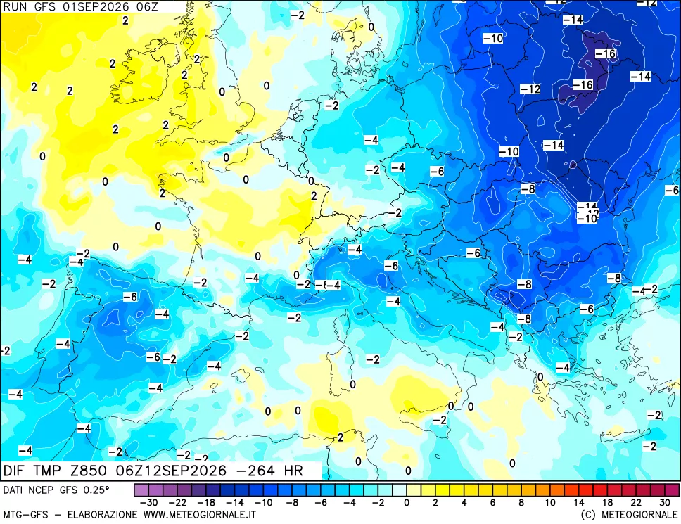 mappa Dif. Temp a 850 hPa Valid - Init