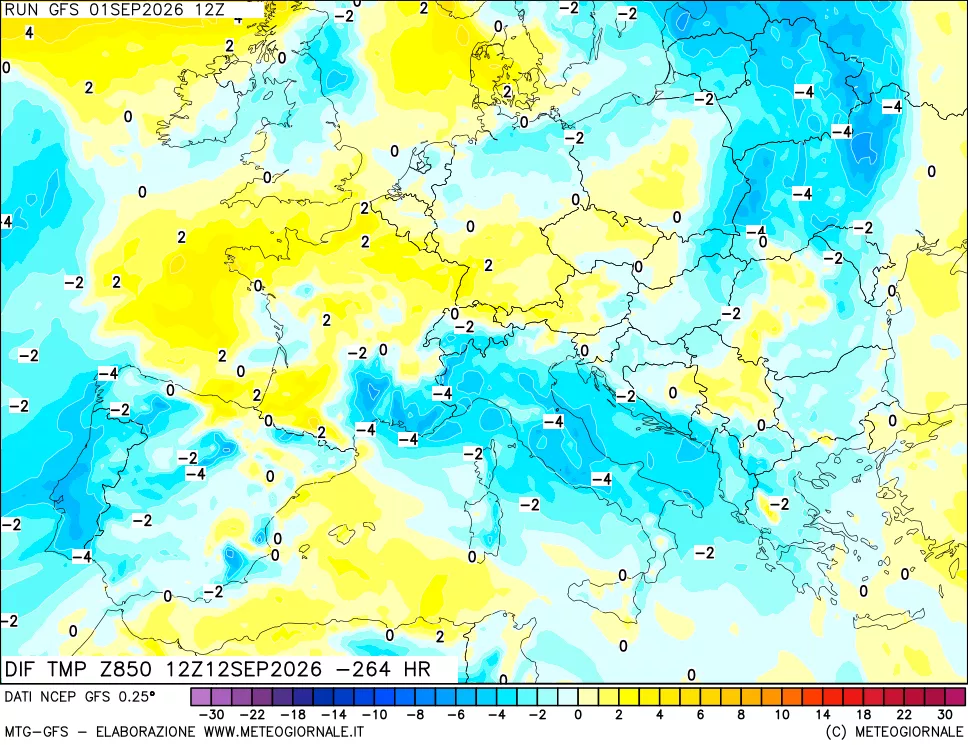 mappa Dif. Temp a 850 hPa Valid - Init