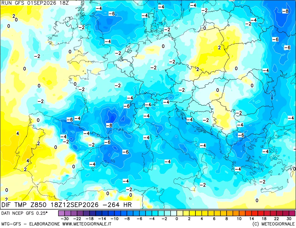 mappa Dif. Temp a 850 hPa Valid - Init