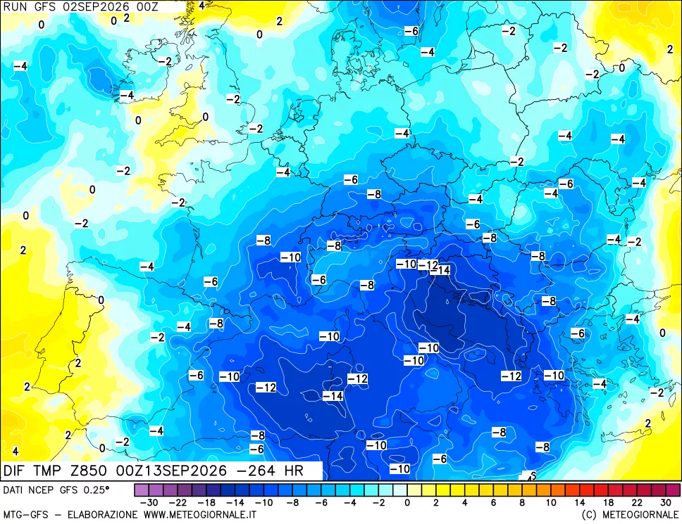 mappa Dif. Temp a 850 hPa Valid - Init