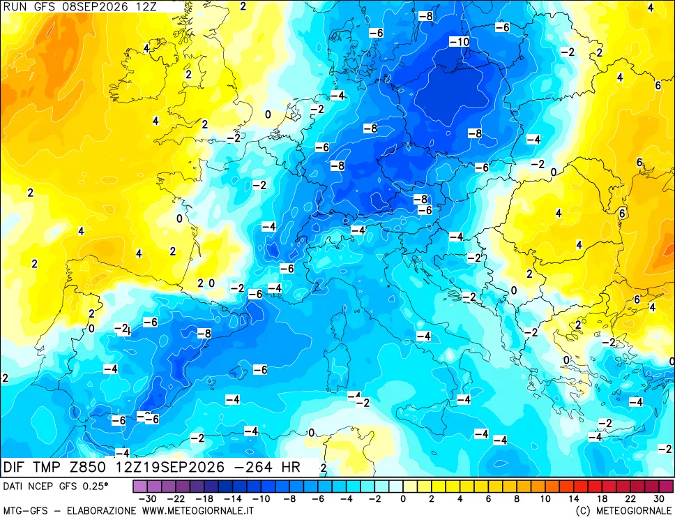 mappa Dif. Temp a 850 hPa Valid - Init