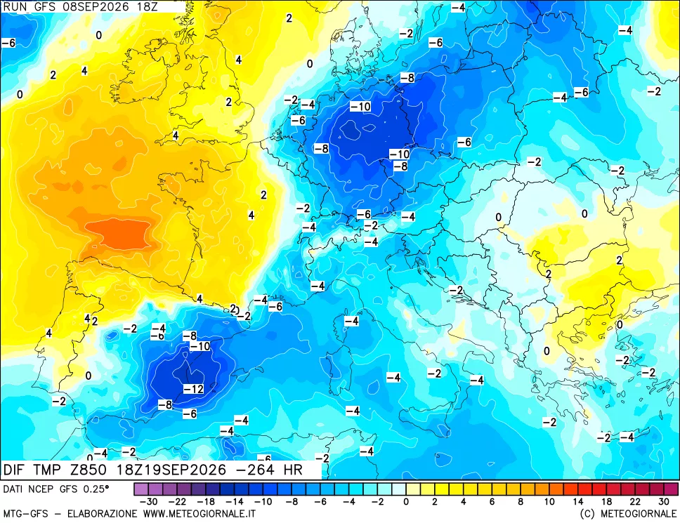 mappa Dif. Temp a 850 hPa Valid - Init