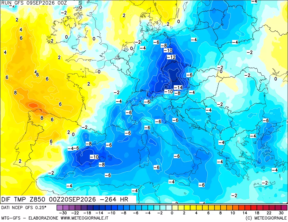 mappa Dif. Temp a 850 hPa Valid - Init