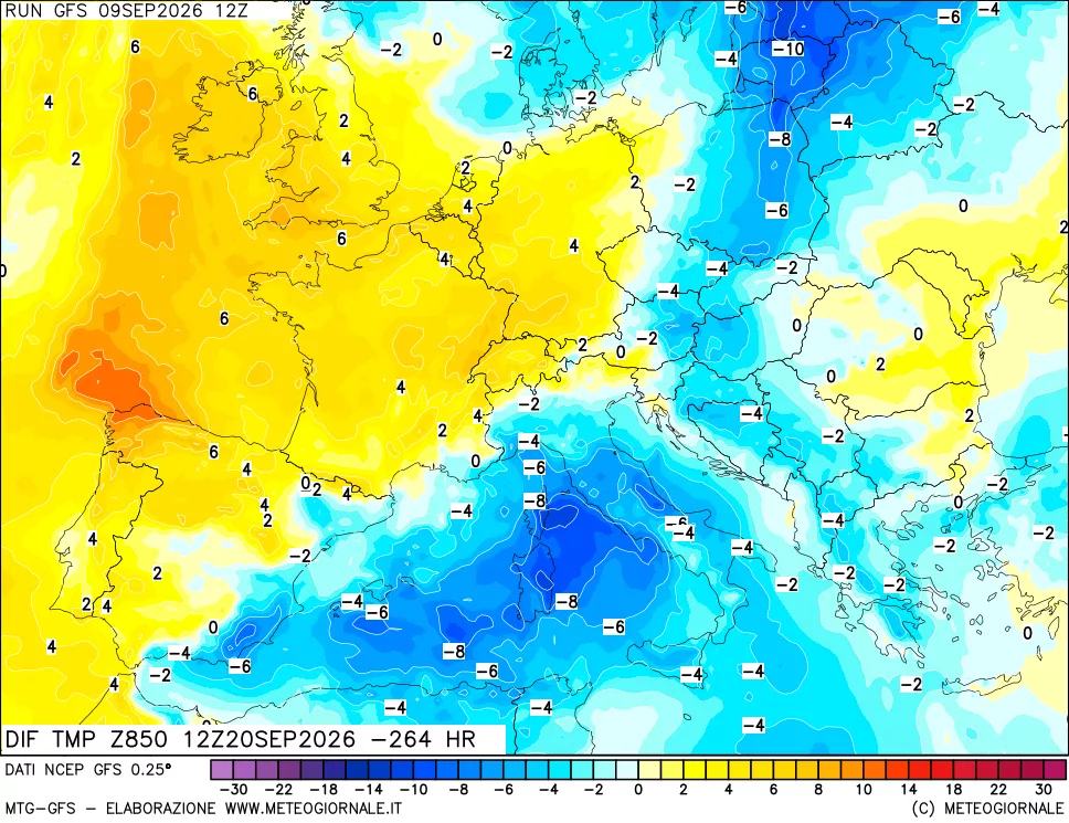 mappa Dif. Temp a 850 hPa Valid - Init