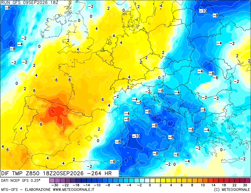 mappa Dif. Temp a 850 hPa Valid - Init