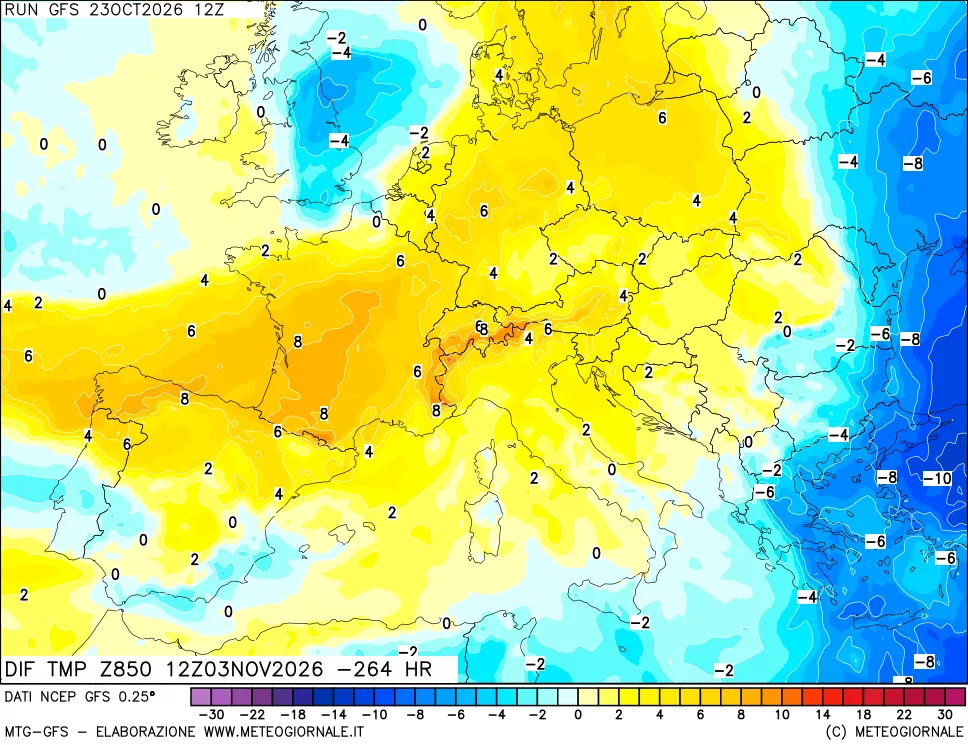 mappa Dif. Temp a 850 hPa Valid - Init